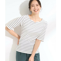 【S-LL】女性らしさ漂うハートネック テレコ5分袖トップス