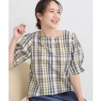 お袖タック チェック柄5分袖ブラウス