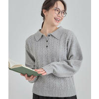 【S-LL】配色ボタンがポイント 襟付きケーブルニット
