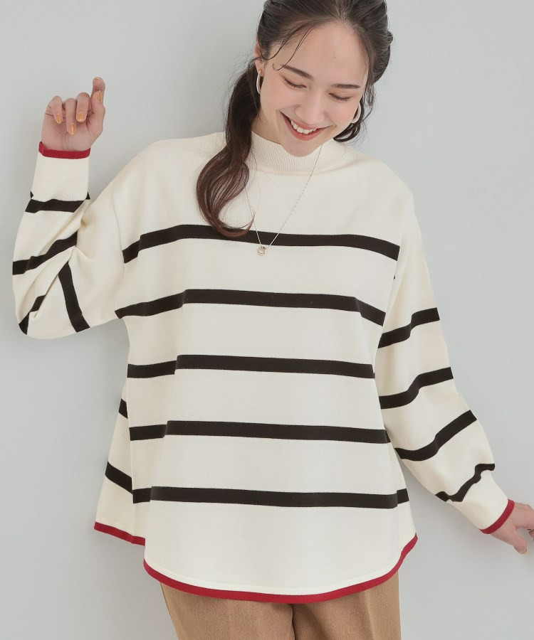 【洗濯機可/毛玉レス】ポンチョ風ボーダーニット1