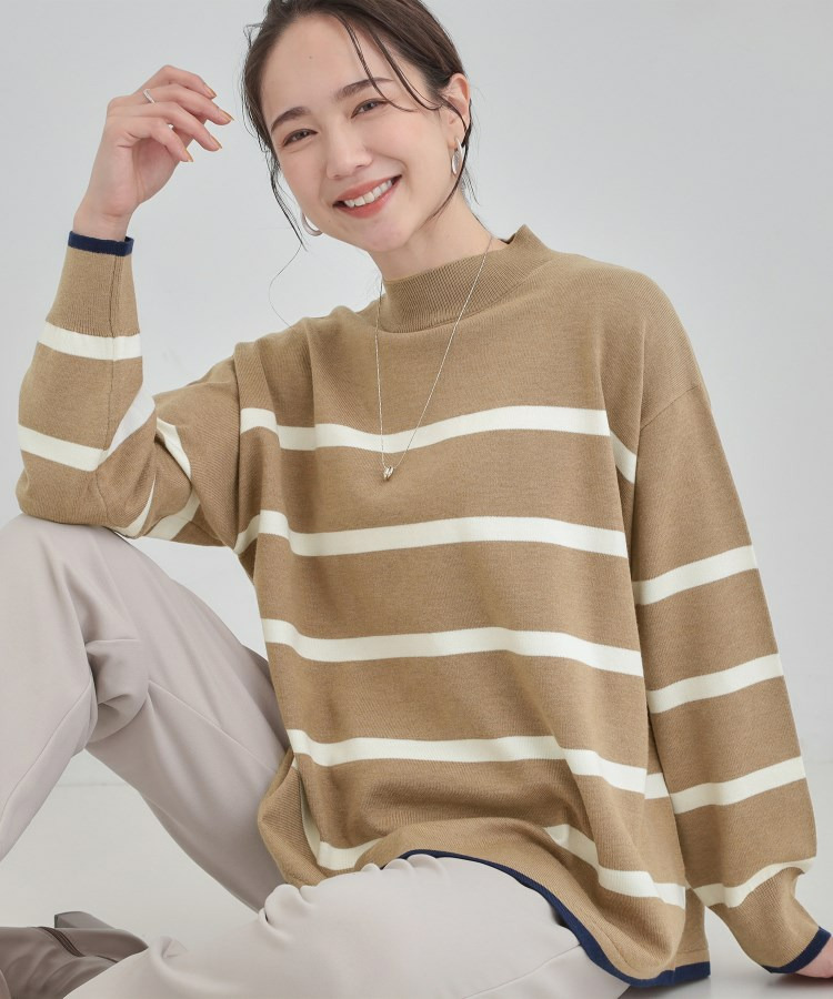 【洗濯機可/毛玉レス】ポンチョ風ボーダーニット1