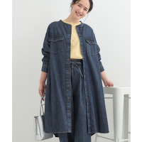 【ライトオンスデニム/S-LL】体型カバーにも 首元すっきり ロングデニムシャツワンピース