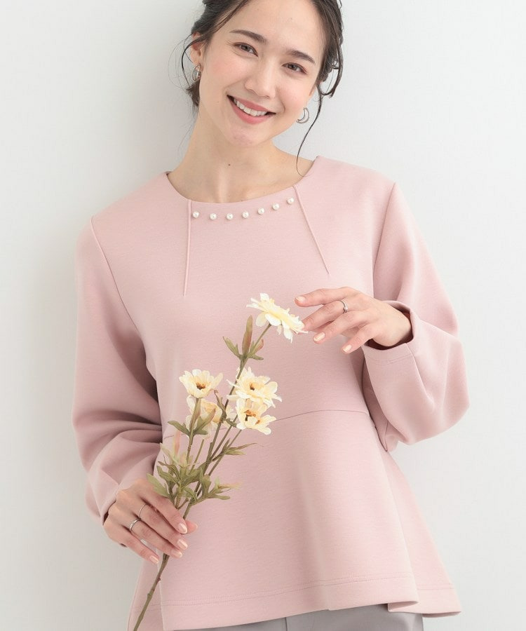 【S-LL/なめらかタッチ】 フェイクパール付きペプラムトップス