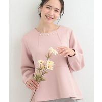 【S-LL/なめらかタッチ】 フェイクパール付きペプラムトップス