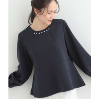 【S-LL/なめらかタッチ】 フェイクパール付きペプラムトップス