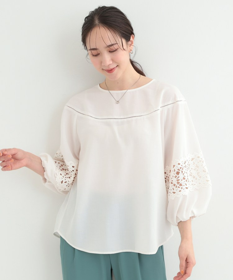 【洗濯機可/S-LL】透かし編み柄が上品な レース切り替えブラウス2