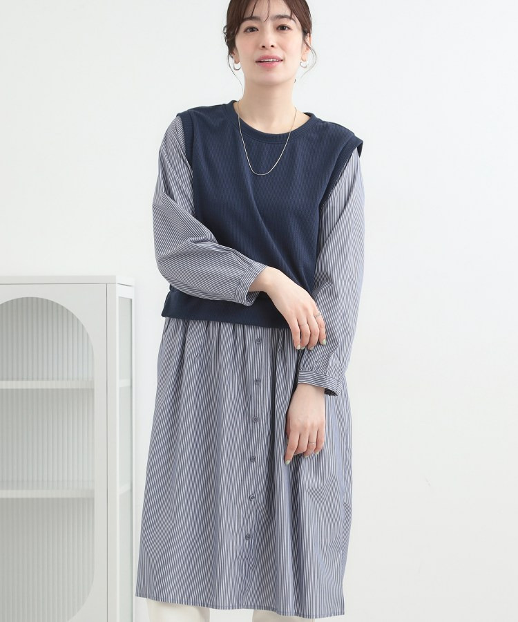 【S-LL/体型カバー】ストライプ柄ドッキングワンピース