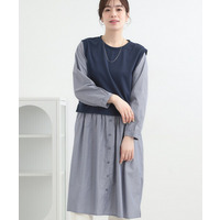 【S-LL/体型カバー】ストライプ柄ドッキングワンピース