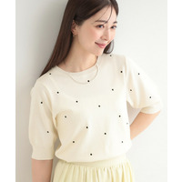 【S-LL】大人かわいい　ドット刺繍5分袖ニット