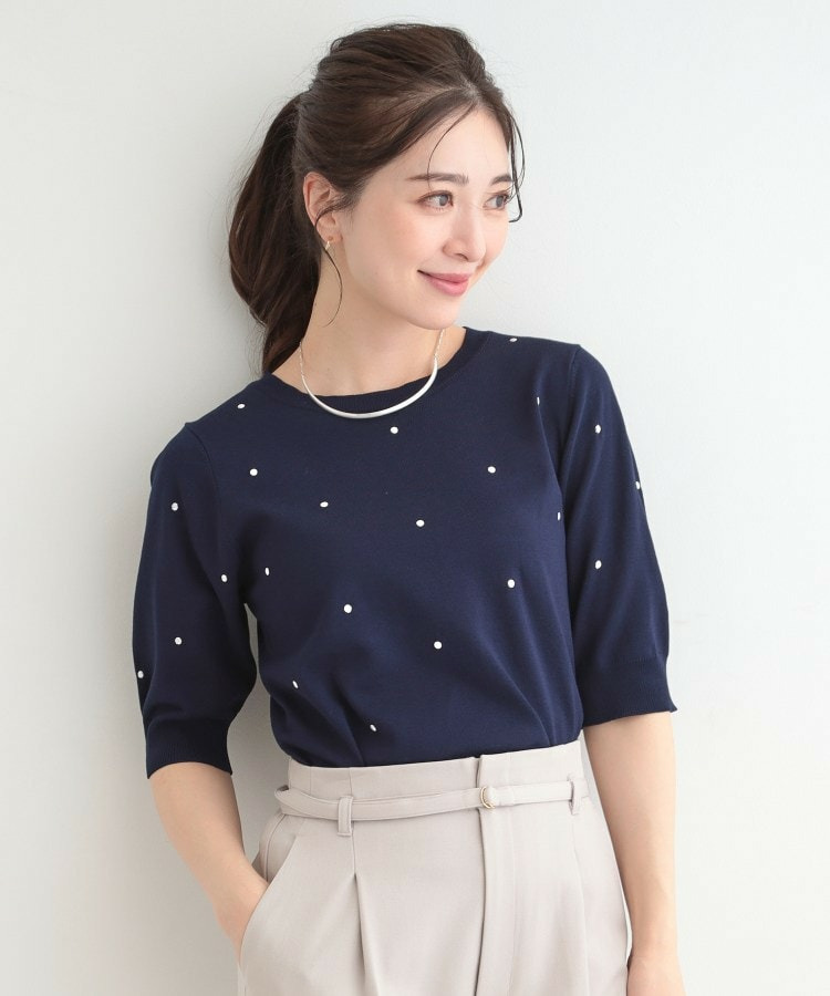 【S-LL】大人かわいい ドット刺繍5分袖ニット10