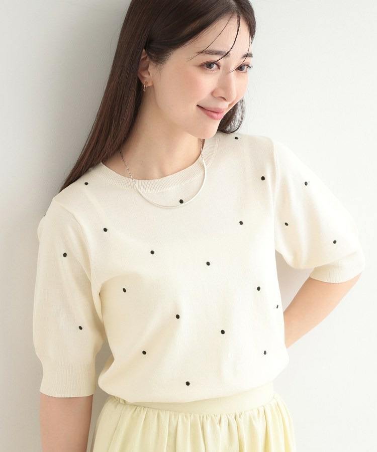 【S-LL】大人かわいい ドット刺繍5分袖ニット1