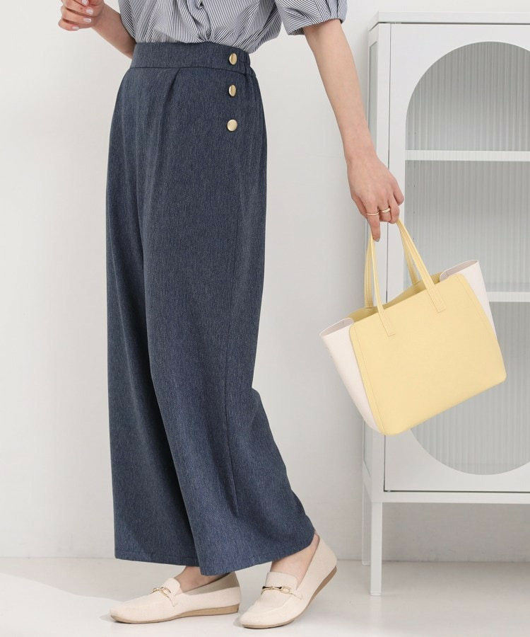 サイドボタンデニム風ワイドパンツ
