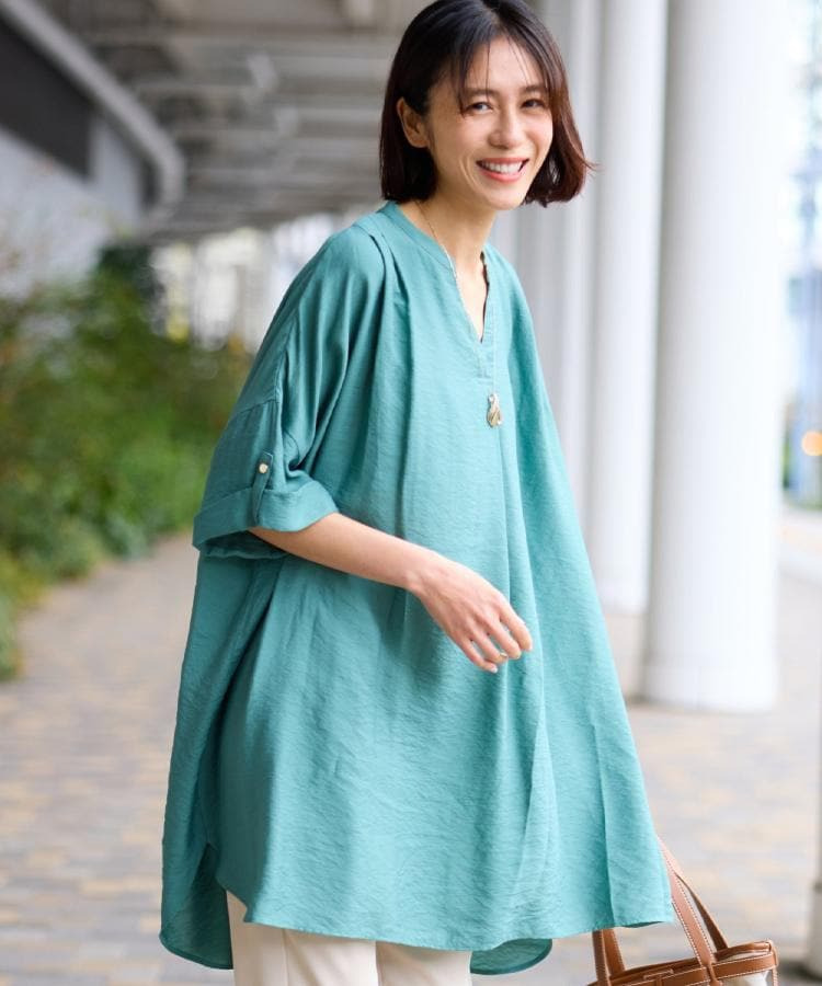 【ひんやり/洗濯機可/体型カバー/S-LL】動くたび揺れる落ち感が魅力 スキッパーチュニックワンピース