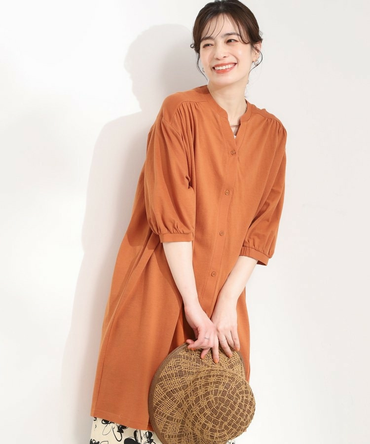 【洗える】カットツイルキーネックシャツワンピ