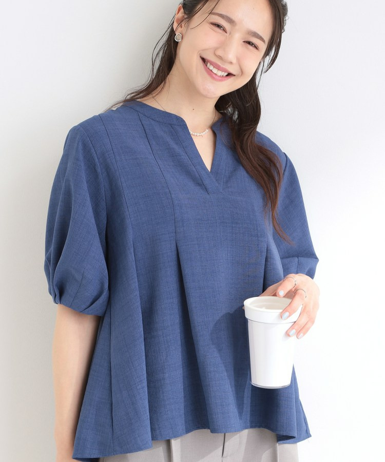 【洗濯後しわになりにくい/S-LL/インせず着られる】柄も選べる　1枚で決まる麻調5分袖ペプラムブラウス