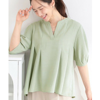【洗濯後しわになりにくい/S-LL/インせず着られる】麻調5分袖ペプラムブラウス