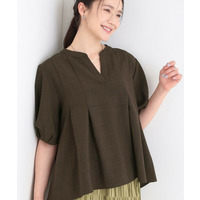 【洗濯後しわになりにくい/S-LL/インせず着られる】柄も選べる　1枚で決まる麻調5分袖ペプラムブラウス