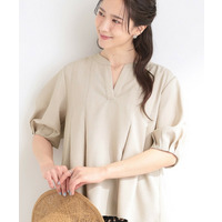 【洗濯後しわになりにくい/S-LL/インせず着られる】麻調5分袖ペプラムブラウス