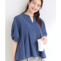 【洗濯後しわになりにくい/S-LL/インせず着られる】麻調5分袖ペプラムブラウス