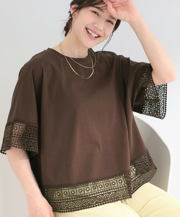 【洗濯機可/ひんやり/S-LL】レース使いがポイント 体型カバーもできる 1枚でサマになるデザインTシャツ1