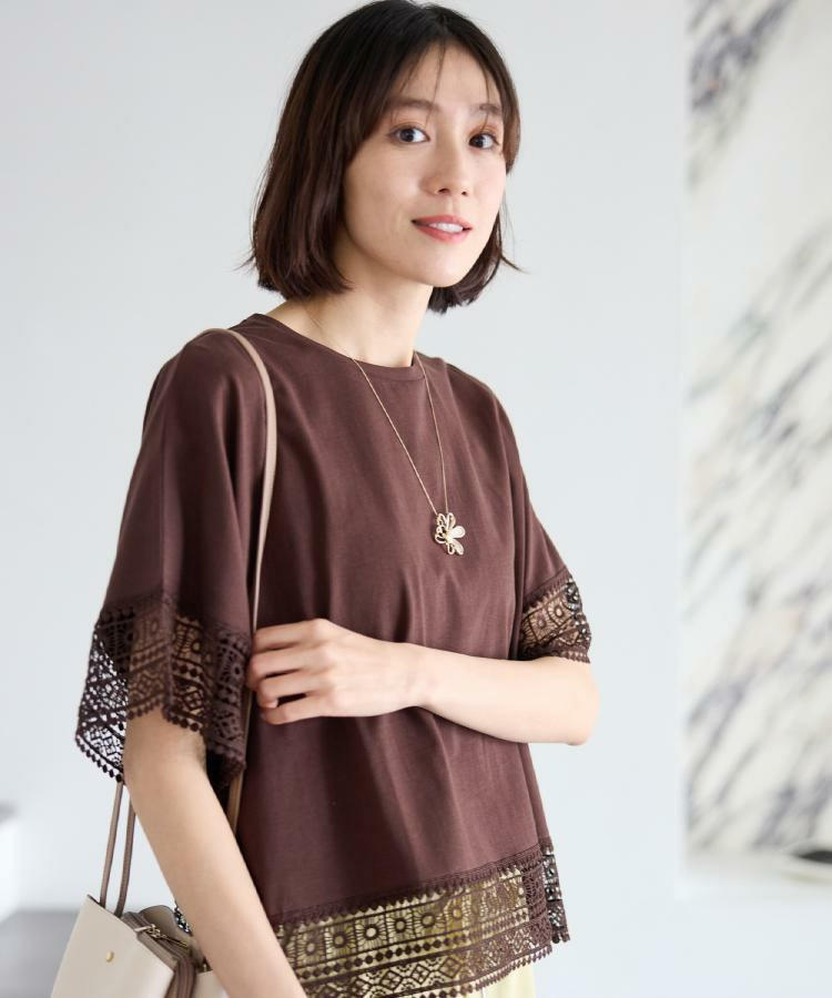 【洗濯機可/ひんやり/S-LL】レース使いがポイント 体型カバーもできる 1枚でサマになるデザインTシャツ24