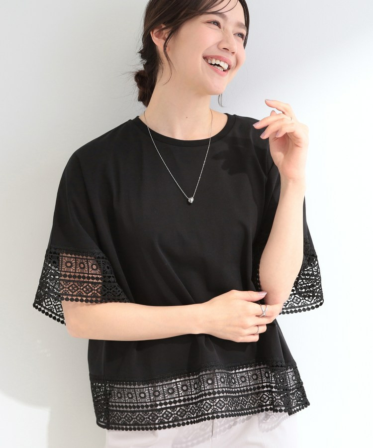 【洗濯機可/ひんやり/S-LL】レース使いがポイント 体型カバーもできる 1枚でサマになるデザインTシャツ1