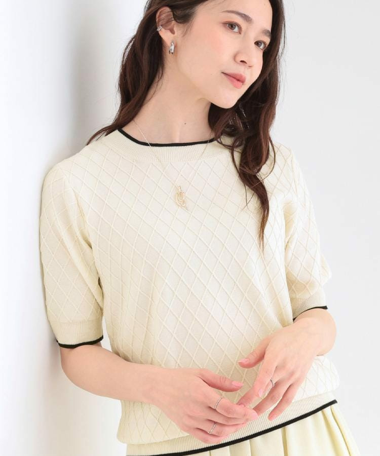 【洗濯機可/S-LL】ダイヤ編み柄が大人上品 配色半袖ニット