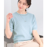 【洗濯機可/S-LL】ダイヤ編み柄が大人上品 配色半袖ニット