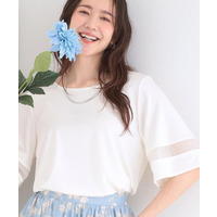 【洗濯機後しわになりにくい/ひんやり/S-LL】お袖のシアーで抜け感プラス 二の腕隠せるフレアスリーブトップス