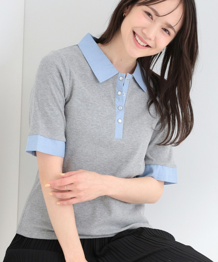 【重ね着風】ダンガリー調異素材切り替え テレコポロトップス
