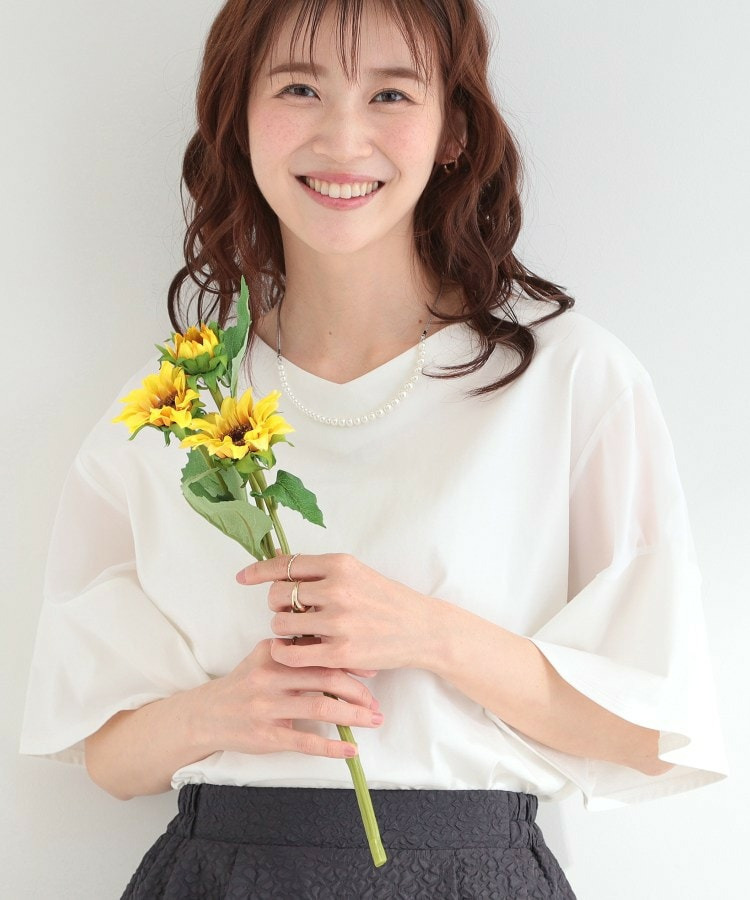 【ひんやり/S-LL/洗濯機可】二の腕は見せず涼しげに お袖異素材フレアスリーブTシャツ