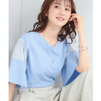 【ひんやり/S-LL/洗濯機可】二の腕は見せず涼しげに お袖異素材フレアスリーブTシャツ