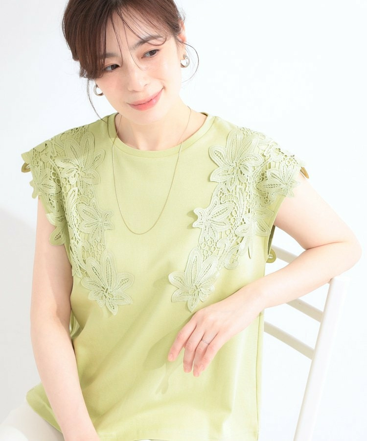 【ひんやり/S-LL/洗濯機可】女性らしさ溢れるモチーフレース スムースTシャツ