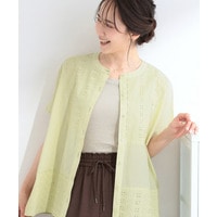 【体型カバー/S~LL】インせず着られて 刺繍が目を引く　切替ノーカラーブラウス