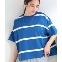 【ひんやり/S-LL】涼しげで爽やか 太ボーダー斜め切り替えTシャツ