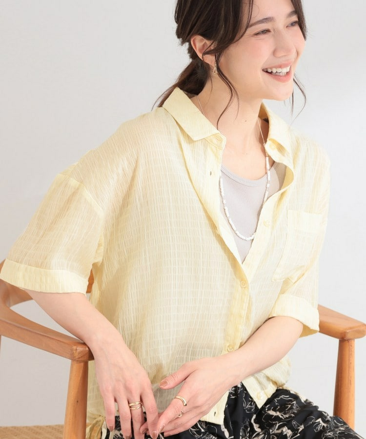 【S-LL/洗濯機可/体型カバー】さらさら シャーリングシフォン 裾ドロストシャツ