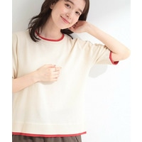 【二の腕隠れる/コットン混】配色使いで差がつく 洗える五分袖ニット