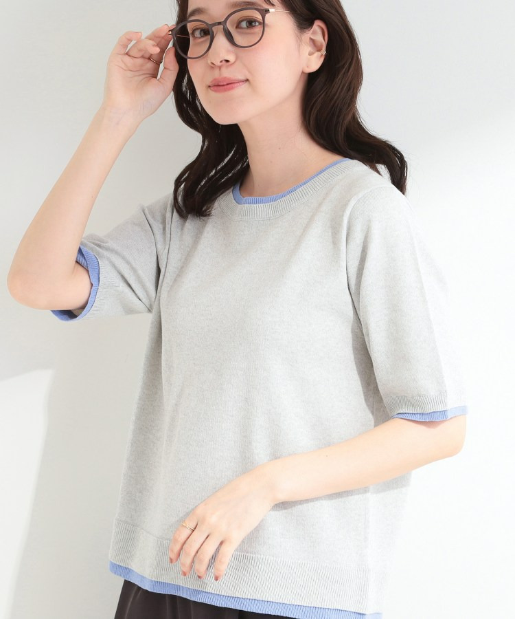 【二の腕隠れる/コットン混】配色使いで差がつく 洗える五分袖ニット1