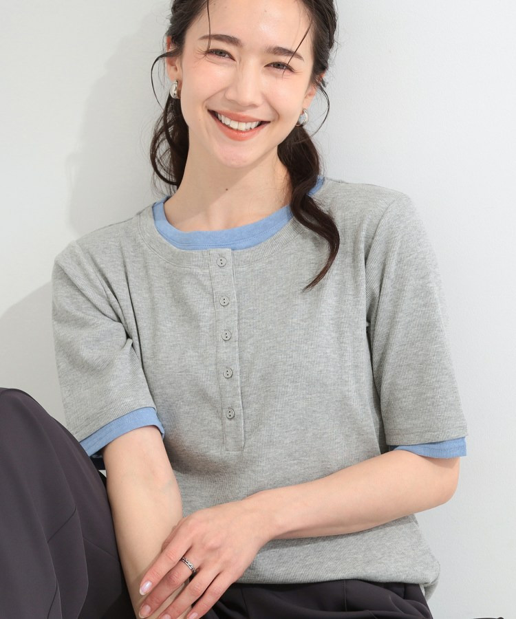 【S-LL/洗濯機可】二の腕隠れる 配色レイヤード風 ヘンリーネック5分袖Tシャツ