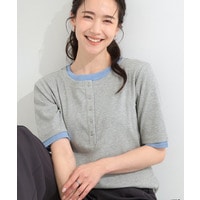 【S-LL/洗濯機可】二の腕隠れる 配色レイヤード風 ヘンリーネック5分袖Tシャツ