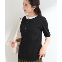 【S-LL/洗濯機可】二の腕隠れる 配色レイヤード風 ヘンリーネック5分袖Tシャツ