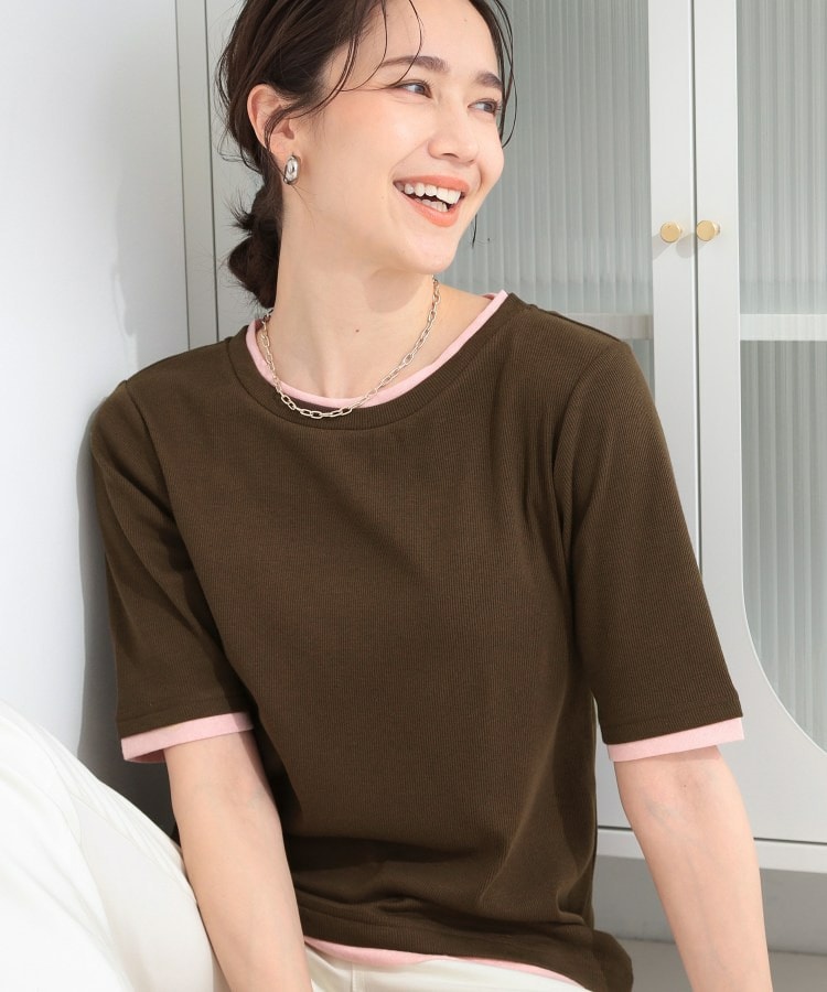 【S-LL/洗濯機可】二の腕隠れる 配色レイヤード風 5分袖Tシャツ