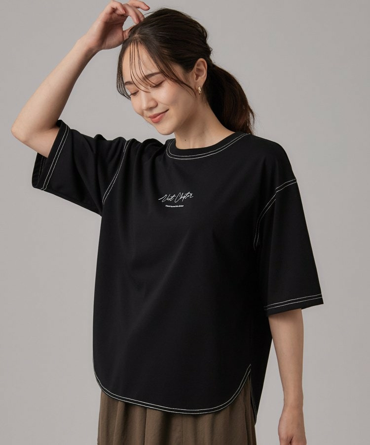 【体型カバー】インせず着られる 配色ステッチロゴTシャツ6