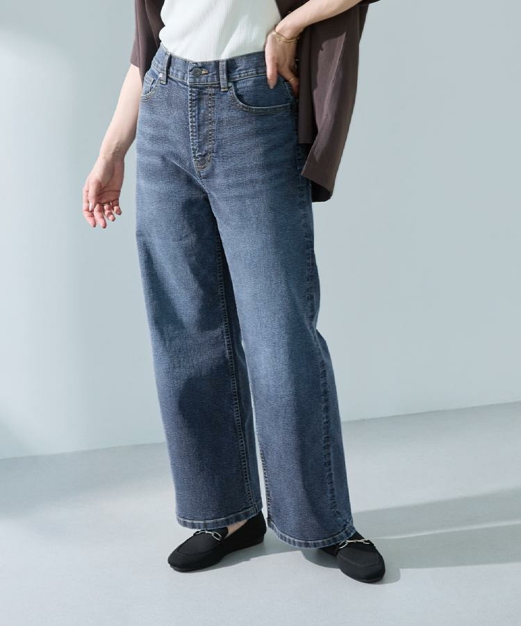 【S-LL/ストレッチ/色落ちしにくいネイビー】脚がまっすぐきれいに見える ワイドストレートデニムパンツ