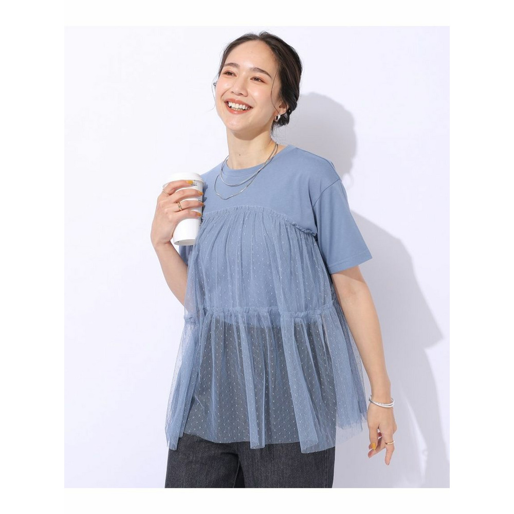 【動くたびにふわっと揺れる】　着るだけで華やかな ドットチュールドッキングTシャツ サックスブルー(090) 1