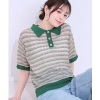 【S-LL】大人カジュアルコーデに 透かし編みボーダー ポロニット