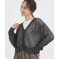 【2点セット】ラメメッシュニットカーディガン＋ロンTセット