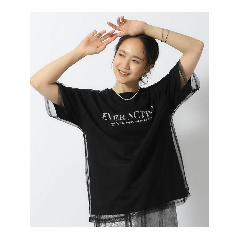 【洗える】一枚で旬コーデがつくれる チュールドッキングTシャツ ブラック(019) 1