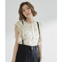 袖ラッフルプリーツ花柄ブラウス