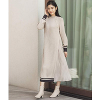 【選べる着丈】配色サイドプリーツニットワンピース